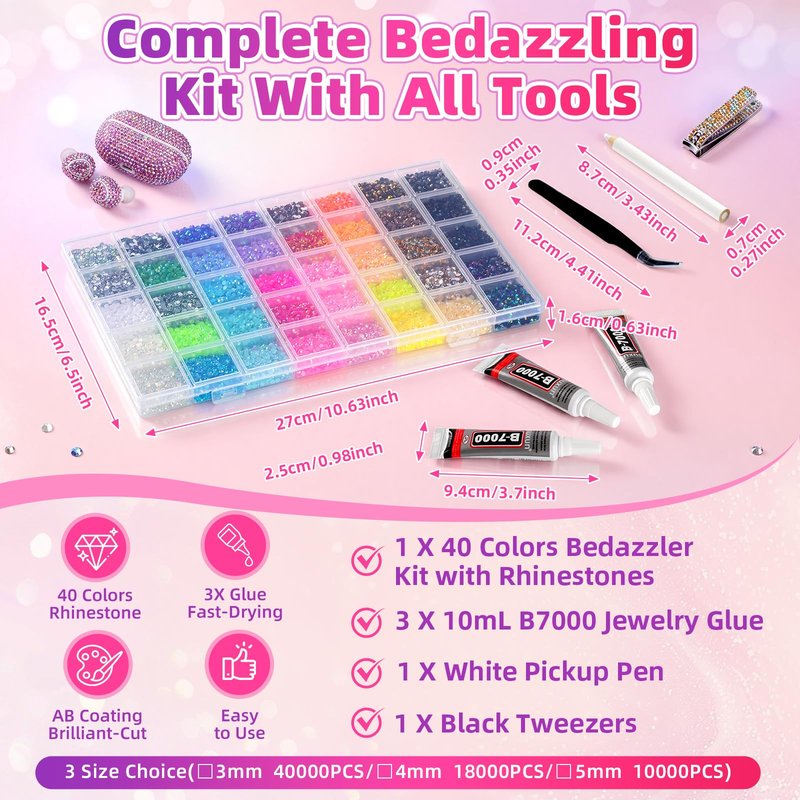 18000Pcs 40 Colors Resin Jelly Rhinestones Kit, 4mm Flatback Rhinestones with 3Pcs B7000 Jewelry Glue & Tools, Bedazzler Kit with Rhinestones, All-in-One Bedazzling Kit for DIY Arts & Crafts Gifts