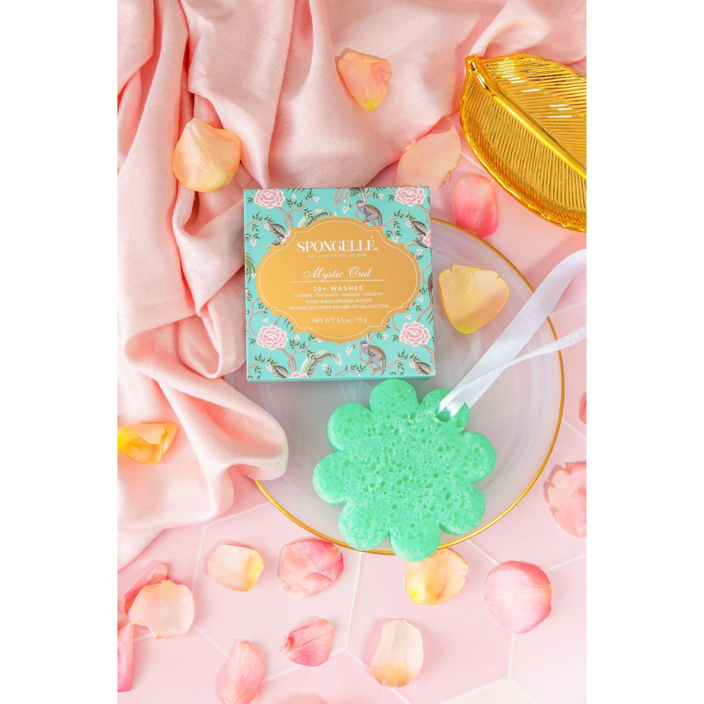 Spongellé Art Chinois Body Wash Infused Luxury Bath Buffer – Cleanses, Exfoliates, Massages & Nourishes Skin – All‑in‑One Aromatic Bath Sponge for 20+ Washes, Mystic Oud