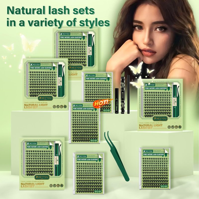 Natural Lash Clusters Kit - 144Pcs DIY Eyelash Extensions with D Curl 8-16mm, Bond & Tweezers Included