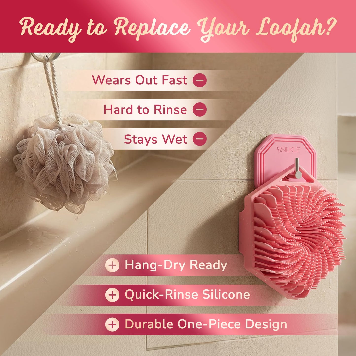 SILKLE Silicone Body Scrubber – Gentle Exfoliating Shower Scrubber for Body & Bath, Silicone Shower Brush & Loofah Alternative – Non-Slip Silicone Body Brush, Quick Dry, Hygienic - Pink