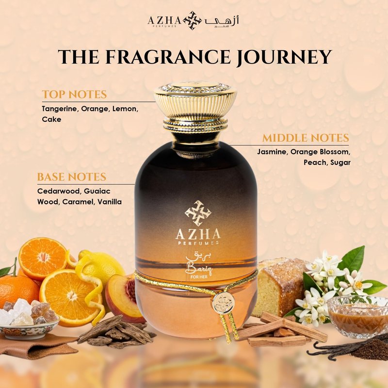 Azha Perfumes Essence Orbis Bariq Eau de Parfum for Women, 3.4 Fl Oz / 100 mL, Long Lasting Arabian Perfume Spray, Citrus Gourmand Vanilla Fragrance with Tangerine, Orange, Lemon, Luxury Scent