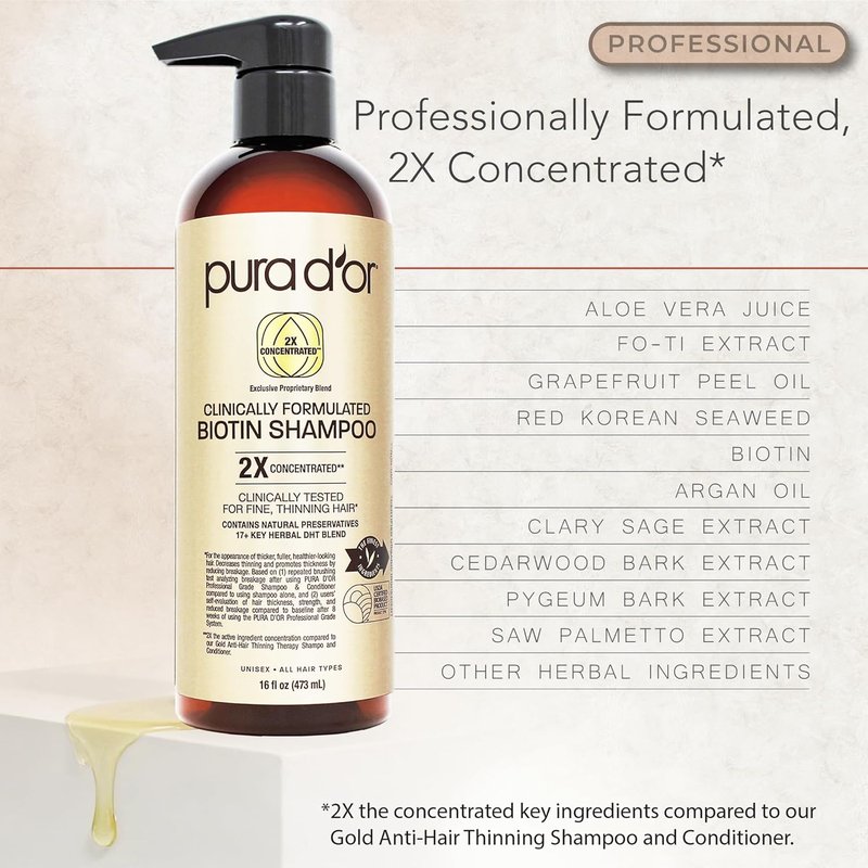 PURA D'OR Biotin Shampoo & Hair Regrowth Conditioner - 2X Concentrated Thickening Blend, Sulfate Free | 16oz x2