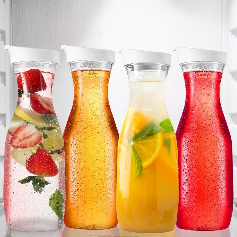 DilaBee Plastic Pitcher With Lid (4-Pack, 32oz) Round Plastic Beverage Dispenser for Water, Juice, Iced Tea - Water Pitchers, Carafes for Mimosa Bar - Clear Drink Dispenser BPA-Free - HAND-WASH ONLY