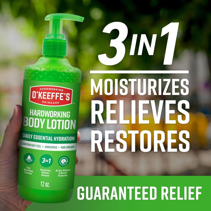 O’Keeffe’s Hardworking Body Lotion - Daily Hydration for Dry Skin | 12 oz Pump, Non-Greasy & Lightweight Formula