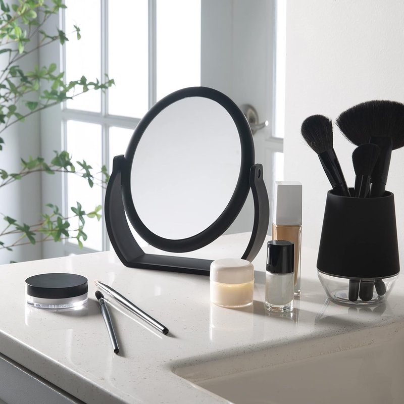 Double-Sided Free-Standing Swivel Vanity Mirror - 10X Magnification for Makeup & Shaving | Black Rubberized Finish