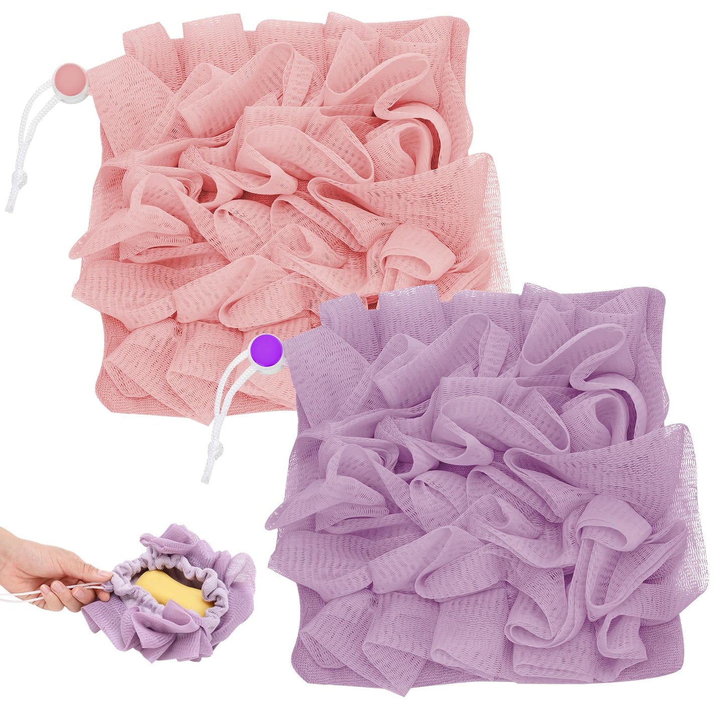 ZhouBoat 2 Pack Exfoliating Loofah Soap Holders with Washcloth Double-Sided Bath Sponge Body Scrubber Reusable Shower Pouches Pink Purple