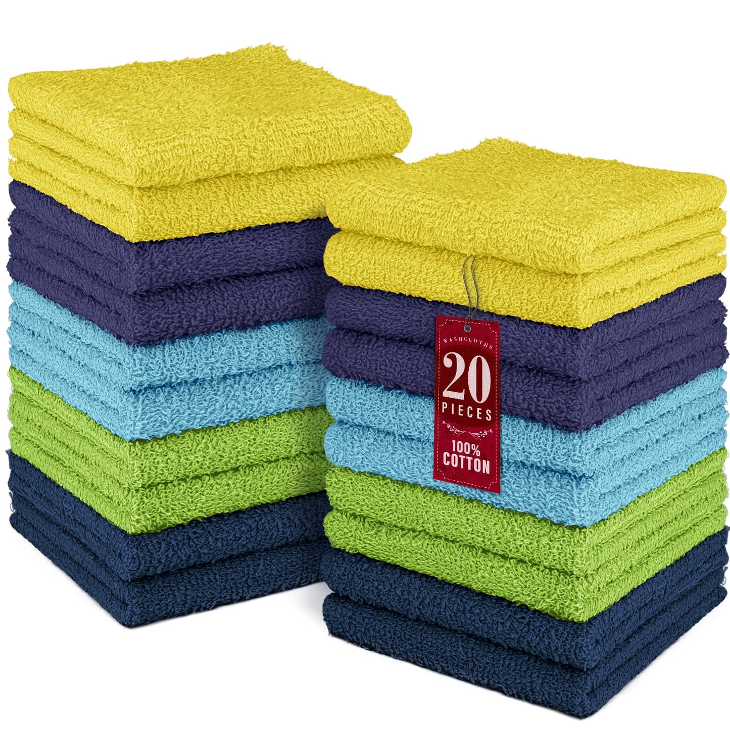 DecorRack 20 Pack 100% Cotton Wash Cloth, Luxurious Soft, 12 x 12 inch Ultra Absorbent, Machine Washable Washcloths, Assorted Set 3 (20 Pack)