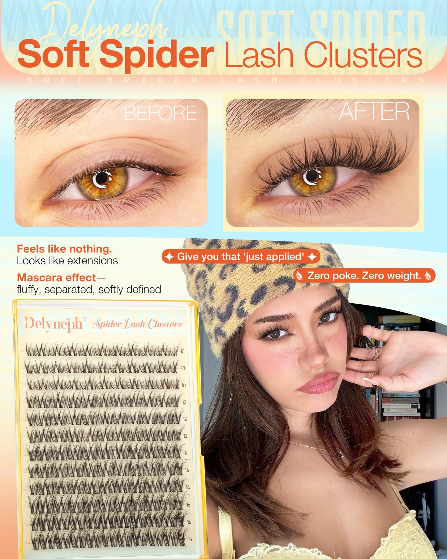 Spider Lash Clusters Natural Breeze Eyelash Clusters Wispy Cluster Eyelash Extensions Fluffy Lash Extensions CD Curl Clear Band Individual Lashes Clusters by Delyneph(10-16mm)