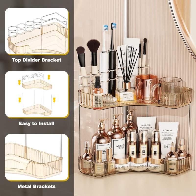 Asayuee 2-Tier Corner Bathroom Counter Organizer with Top Toothbrush Holders,Large Makeup Organizer Countertop with Brush Holder,Skincare Organizers Corner,Exquisite Vanity Organizer (Gold, 2 Tier)