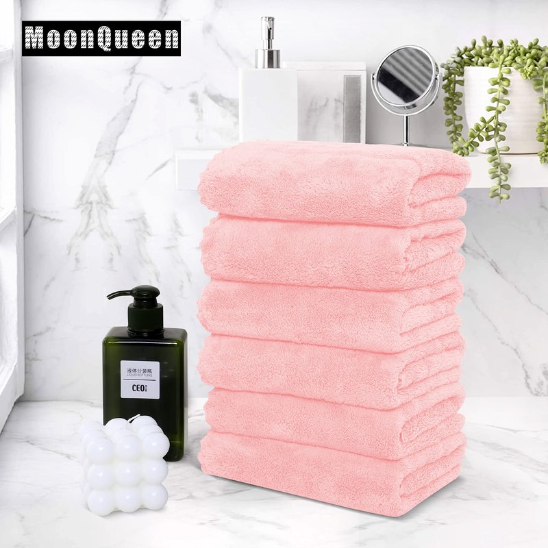 MOONQUEEN 6 Pack Premium Hand Towels - Quick Drying - Microfiber Coral Velvet Highly Absorbent Towels - Multipurpose Use as Hotel, Bathroom, Shower, Spa, Hand Towel 16 x 28 inches (Pink)