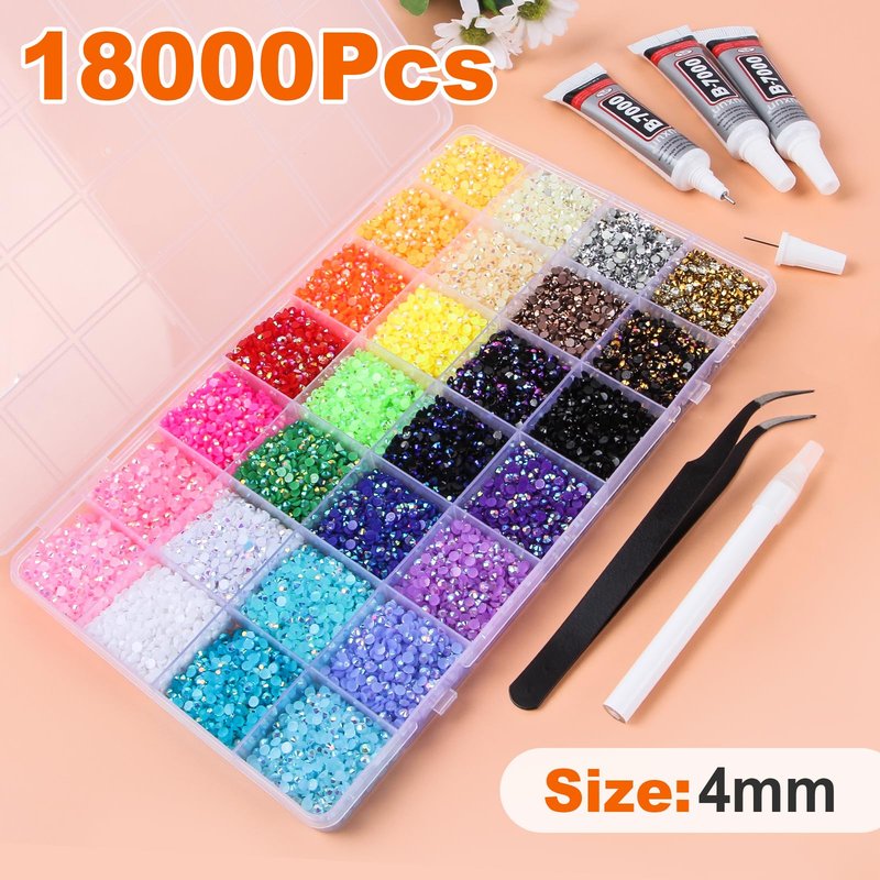 18000Pcs Resin Jelly Rhinestones for Bedazzling, 28 Colors 4mm Flatback Gems for Diamond Art, Bedazzler Kit with 3Pcs 10ml B7000 Jewelry Glue for Crafting Crafts Book Shoes Nail Art