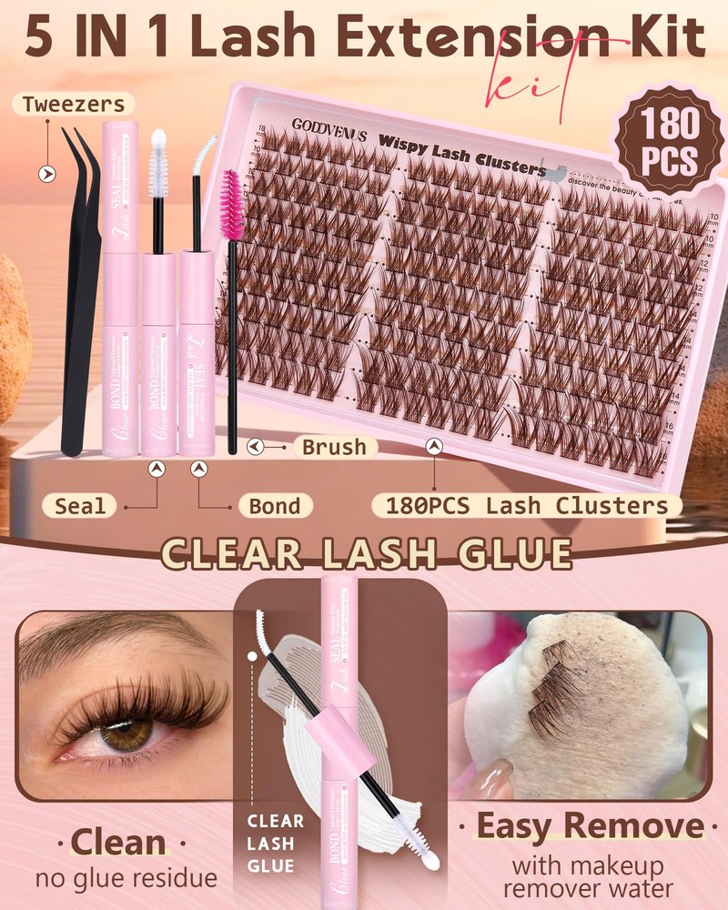 Goddvenus Brown Wispy Eye Lash Clusters Kit Natural Cluster Eyelash Extensions Kit False Eyelash Clusters Fluffy DIY Individual Lash Extensions Kit C Curl