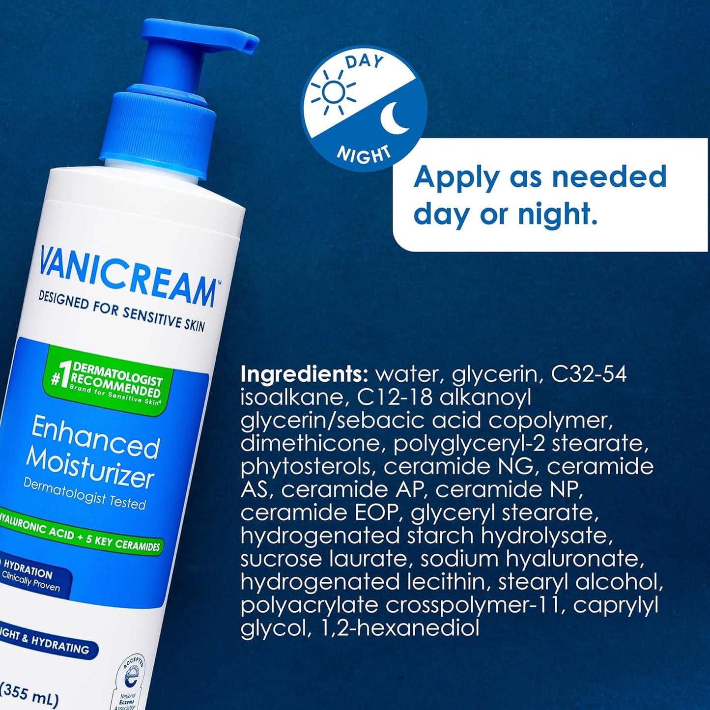 Vanicream Enhanced Moisturizer, 12 Fl Oz, Daily Body Lotion for Dry, Sensitive Skin, Clinically Tested 24Hr Hydration with Hyaluronic Acid, Glycerin & Ceramides, Formulated without Common Irritants