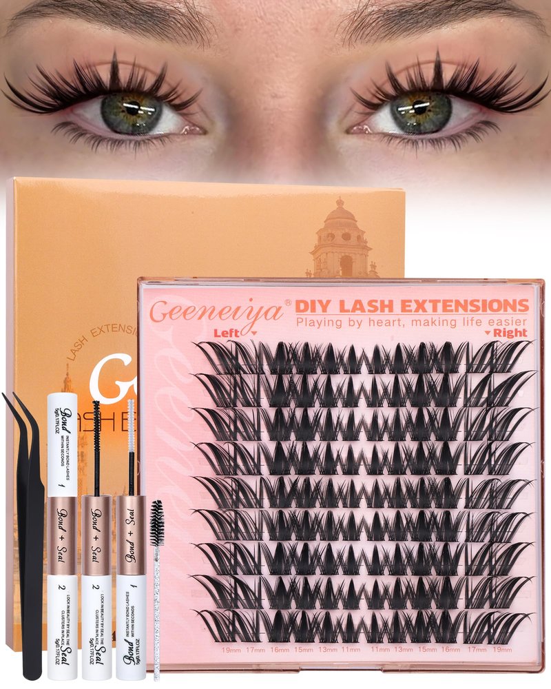 Geeneiya Manga Lash Clusters Kit, 11-19mm Fox Eye Lash Extension Kit, C Curl Left & Right Cat Eye Lashes, DIY Cluster Eyelash Extension Kit with Lash Bond and Seal Lash Tweezers for Beginners