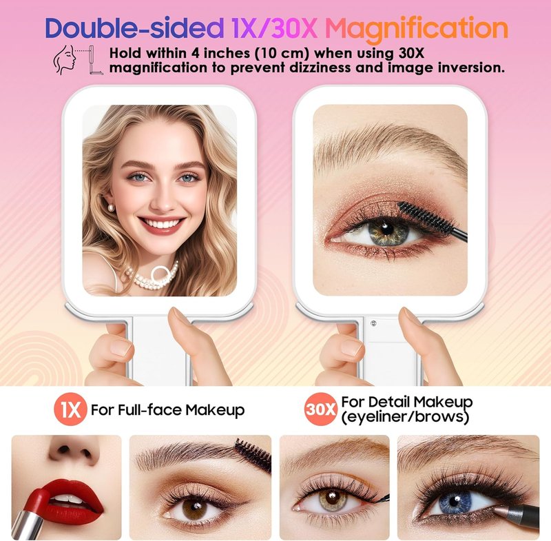 GOMIPURU Magnifying Travel Mirror - 30X/1X Double-Sided with Adjustable Brightness & 3 Color Lights | Portable & Foldable for Makeup