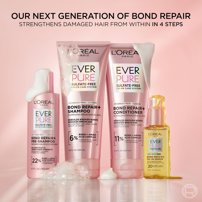 L'Oreal Paris Sulfate Free Bond Repair+ Shampoo, Hair Shampoo with Bond + Amino Acid Complex, Strengthens and Repairs Damaged or Color Treated Hair, EverPure, 6.8 Fl Oz (Packaging May Vary)