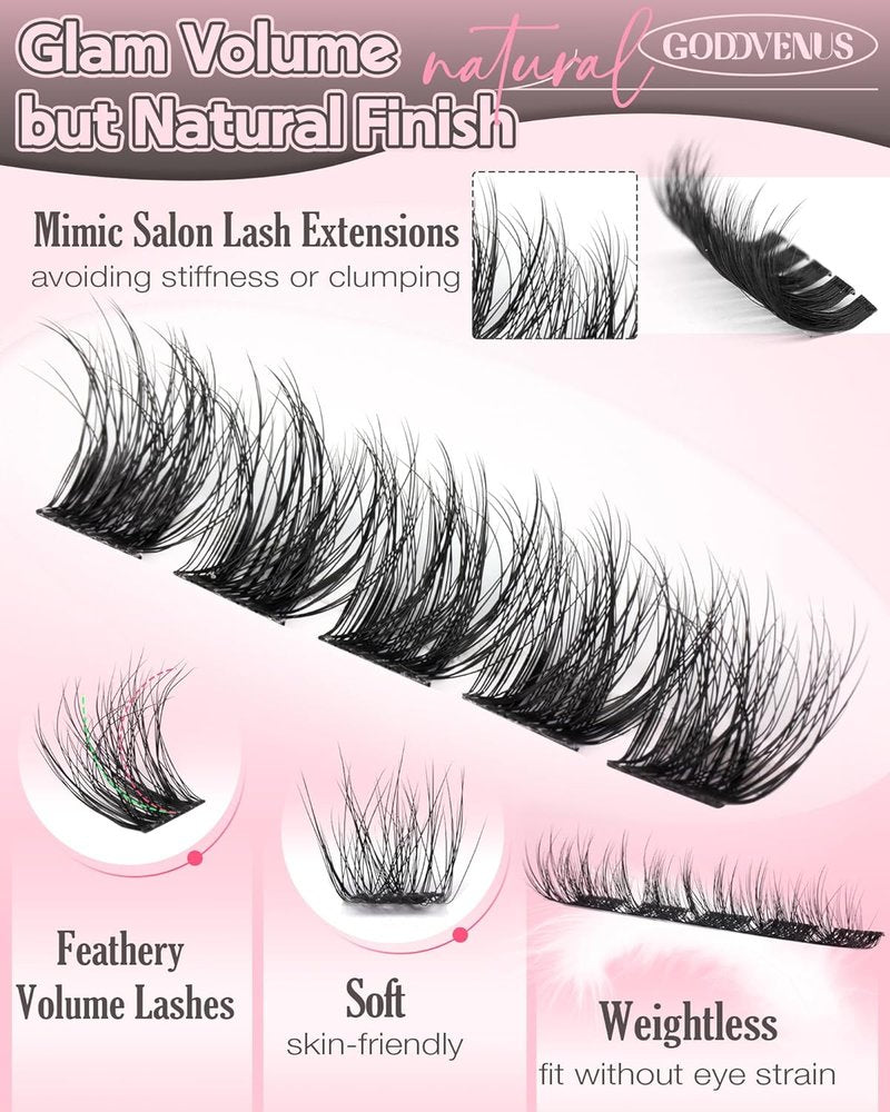 Goddvenus Wispy Lash Clusters - Natural Fluffy Eyelash Extensions | CD Curl, 10-16mm, 132pcs