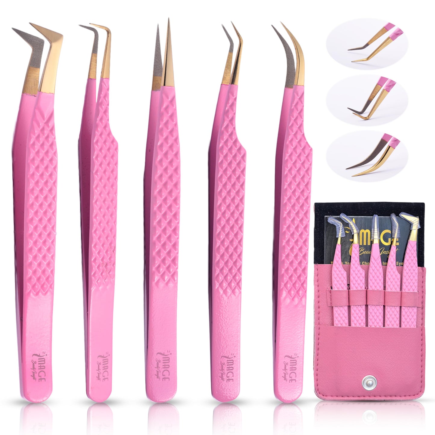 5 Pcs Fiber-Tip Japanese Steel Lash Tweezer Set with Leather Case, Professional Eyelash Tweezers for Lash Extensions – Titanium Coated, 90 & 45 Angled, Precision Pointed Tweezers (PINK)