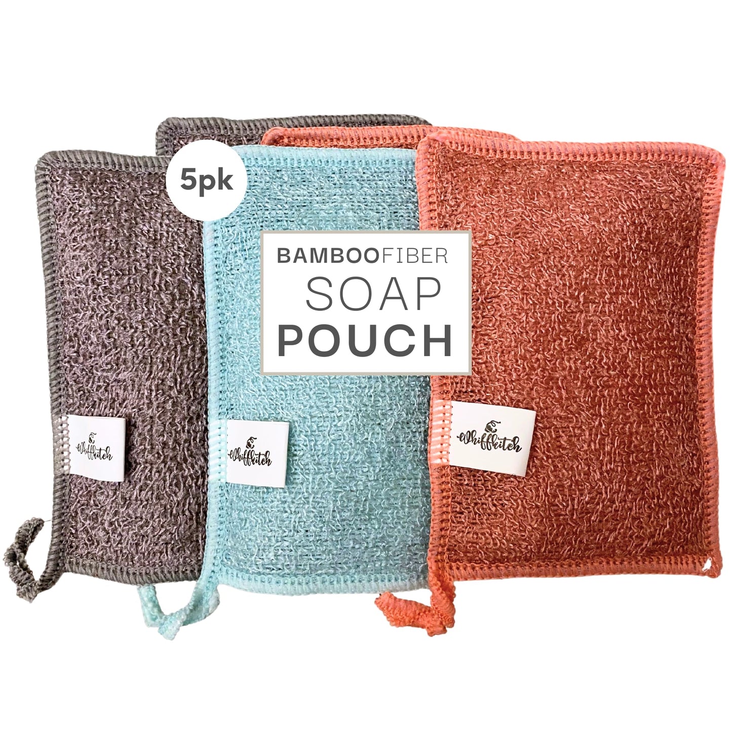 Whiffkitch Soap Pouch 5-Pack – Versatile Mesh Scrubber Wash Bag for Shower & Bath, Bamboo Fiber Bar Soap Holder & Travel Bag, Durable Scrubber Pouch for Rich Lather, Solid - 4x5 inches