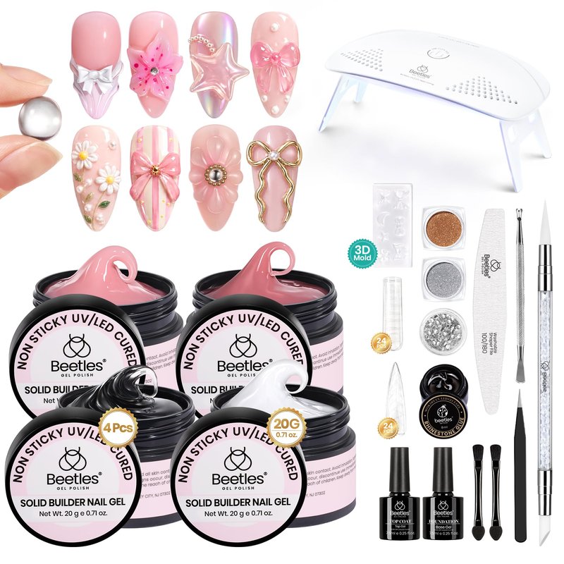 Beetles Solid Builder Gel for Nails,4 Colors Clear Pink White 3D Sculpting Gel Non-Sticky Hand Carving Nail Glue for 3D Nail Art with 3D Mold Chrome Powder Tools Salon DIY at Home,UV&LED Needed