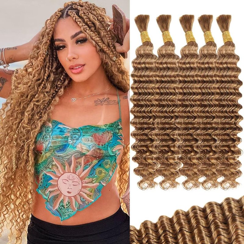 160g 5 Bundles Blonde Human Braiding Hair 18 Inch Deep Water Wave Bulk Human Hair for Braiding Brazilian Virgin Curly Hair Extensions for Boho Braids Wet and Wavy Color 27 Honey Blonde