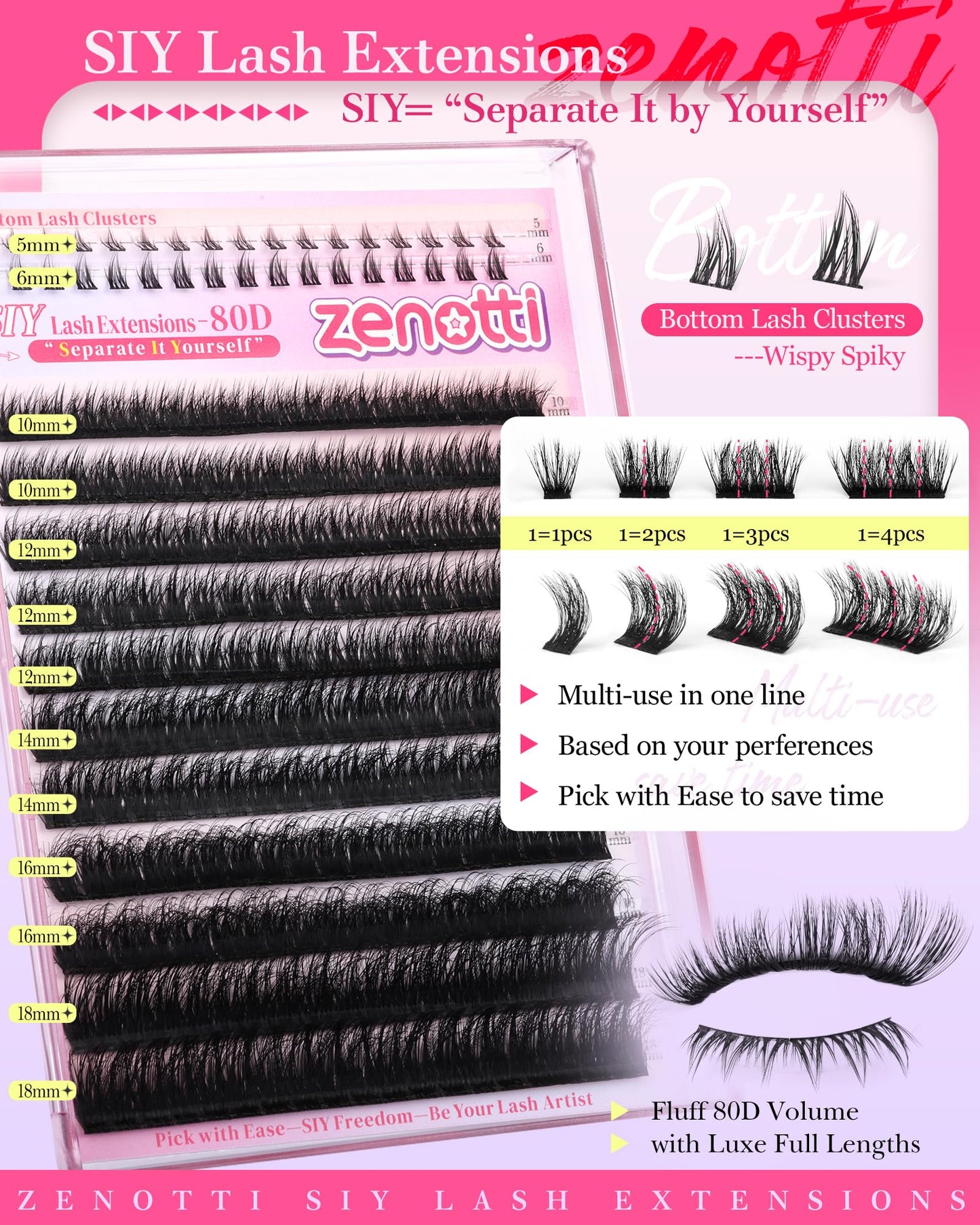 Volume Lash Clusters Wispy Cluster Eyelash Extensions Thick Eyelash Clusters with Bottom Lashes 80D Individual Lashes D Curly Lashes Extension DIY at Home 5-18mm by zenotti