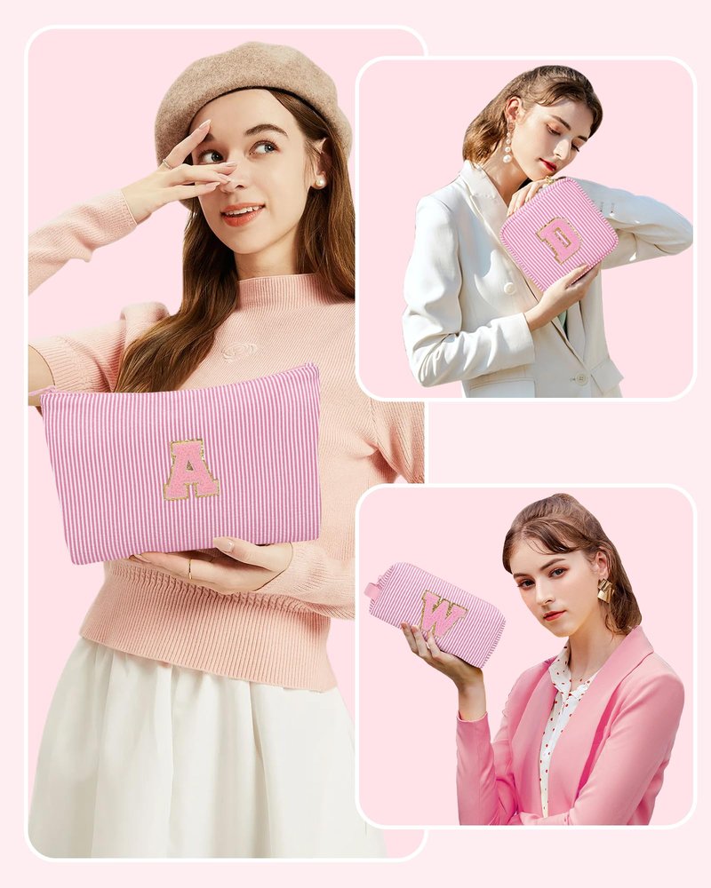 MONSTINA Preppy Chenille Makeup Bag|Personalized Initial Bags with Zipper,Cute Makeup Pouch Stripe Cosmetic Bag,Birthday Gift for Daughter|Preppy Things for Girls,3PCS Pink Q