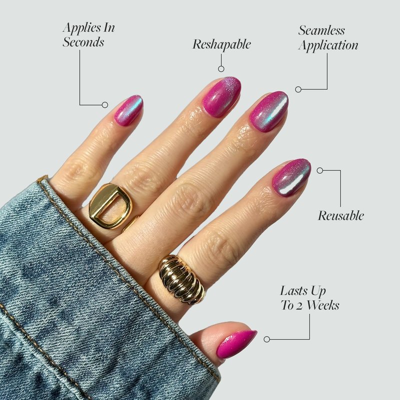 Glamnetic Press On Nails - Berry Fizz | Short Oval, Magenta Fake Nails with a Mesmerizing Metallic Finish | 15 Sizes - 30 Nail Kit with Glue
