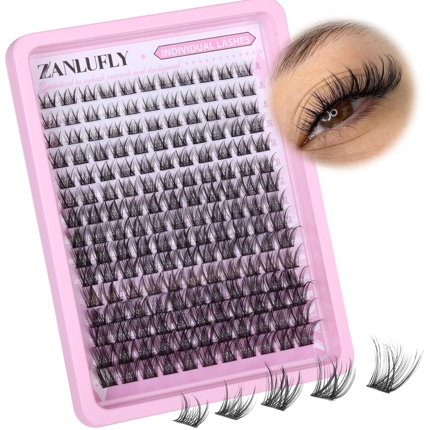 Zanlufly Wispy Eyelash Clusters - Natural C-Curly DIY Lash Extensions | 180 Pcs, Thin Band, 8-16MM