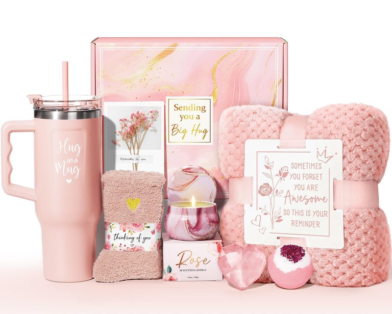 Birthday Gifts for Women Self Care Get Well Soon Gifts, Rose Relaxing Spa Bath Gift Basket Care Package w/ Flannel Blanket 40 OZ Tumbler, Mother's Day Gift for Mom Her Wife Girlfriend Grandma Sister