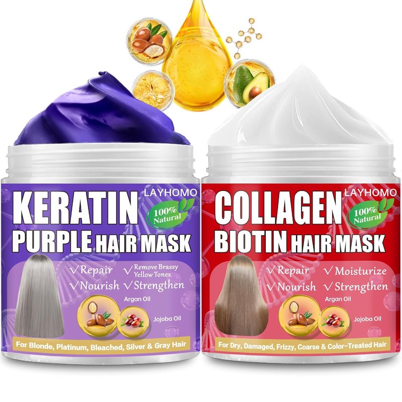 Keratin Hair Treatment - Purple Hair Mask for Blonde & Bleached Hair | Collagen & Biotin Deep Conditioner with Argan & Jojoba Oil