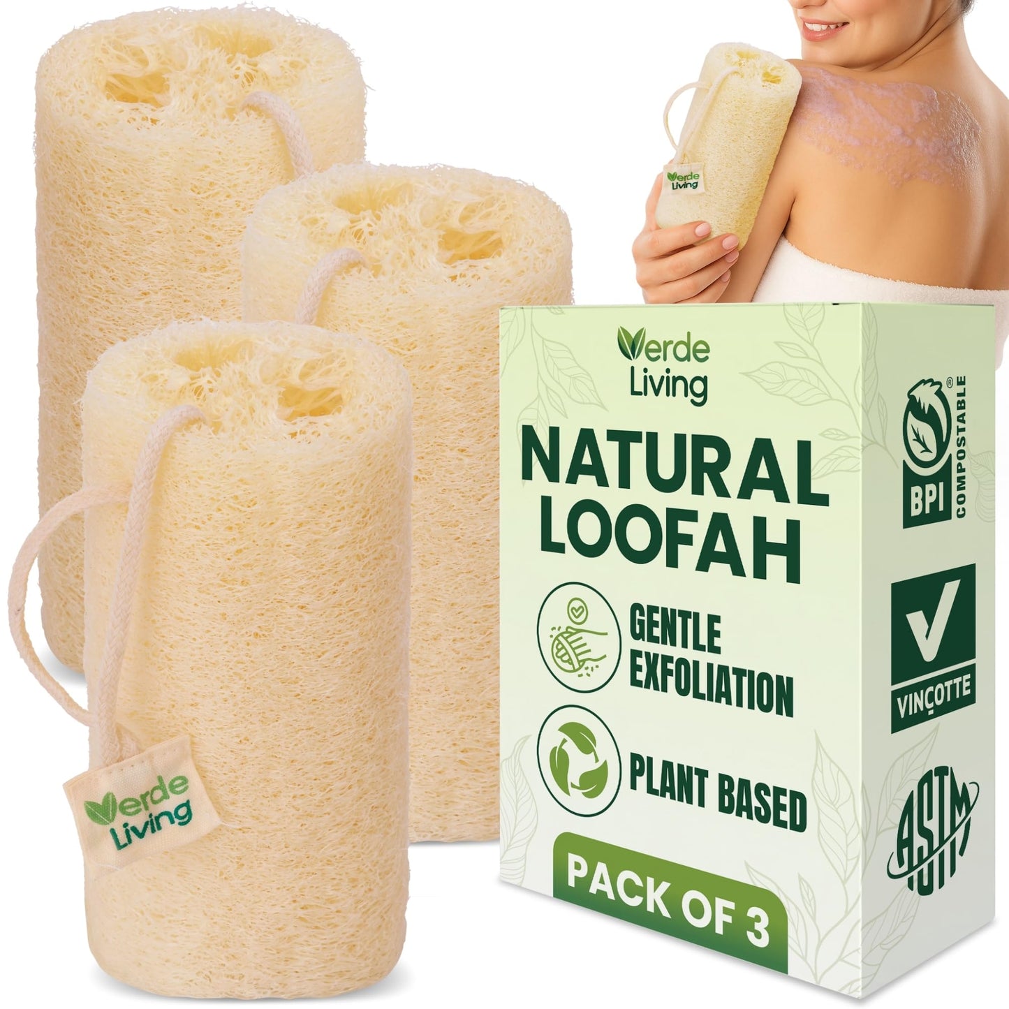 Verde Living 100% Natural Loofah Sponge for Body - $ Loofa Pack 6 Inch Exfoliating Sponge with Drawstring - Large Organic Shower Loofah for Men and Women