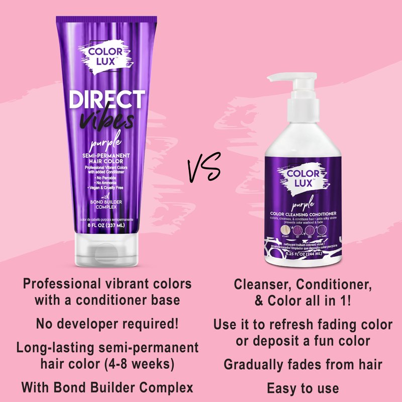 Color Lux Direct Vibes Semi-Permanent Hair Color, Purple, Vibrant & Long-Lasting Shade, Ammonia-Free, Vegan, Sulfate-Free, Paraben-Free, 8 fl oz