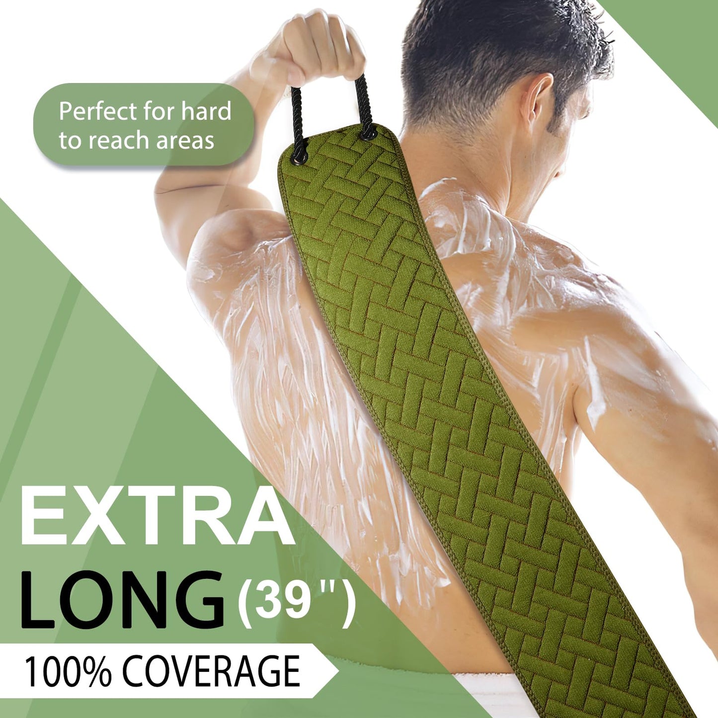 Exfoliating Back Scrubber with Two Handles, 39 Inch Wide Double-Sided Body Scrub Bath Exfoliator, Exfoliating Washcloth for Use in Shower, Back Washer to Deep Clean Your Skin for Men & Women (Green)