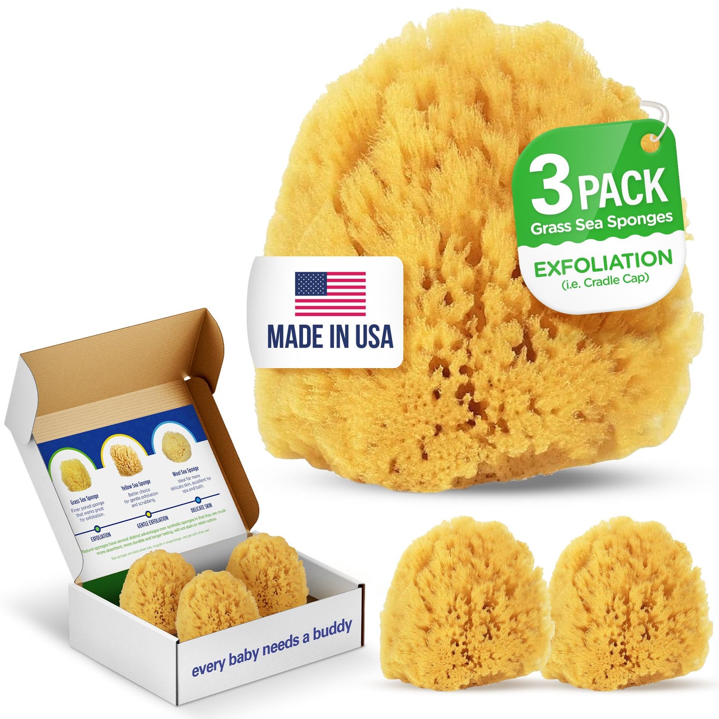 Baby Buddy Absorbent Natural Bath Sponge, Soft Exfoliating Grass Sponge, Soft on Baby's Tender Skin, Bath Accessories Baby and Kids, Infant Bath, Biodegradable, Hypoallergenic, 3pk, 4in