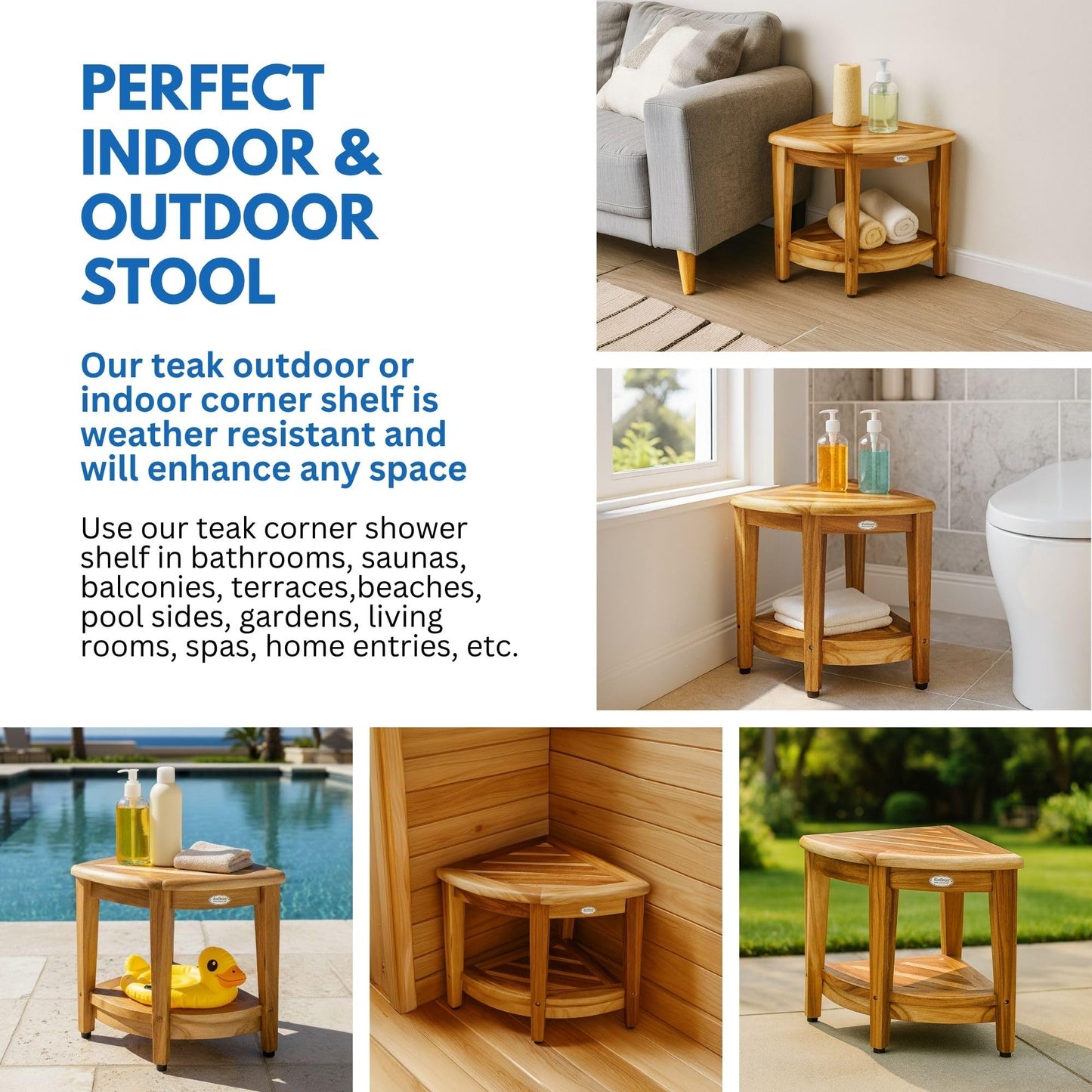 EcoDecors Corner Teak Shower Bench with Shelf – 16” x 18" Height- Teak Shower Stool with Shelf, Waterproof, 350lb Capacity Non-Slip | for Inside Shower | Tool-Free Assembly | Aging in Place