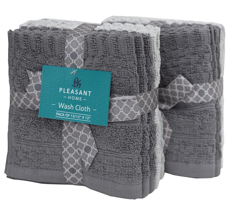 PH Pleasant Home Diagonal Wash Cloths Set - 12 Pack (12” x 12”) – 509 GSM - 100% Ring Spun Cotton Wash Cloth - Super Soft and Highly Absorbent Face Towels (Dark Grey & Light Grey)