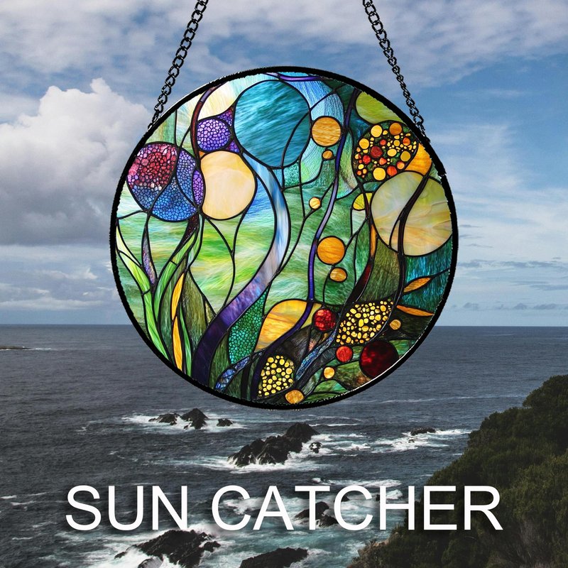 QZQCBLC Stained Glass Window Hanging Blue Ocean Water Plants Flower 7.8" - Suncatcher Door Garden Sun Catcher Home Decor Birthday Christmas for Mom Men Woman Nana Friend