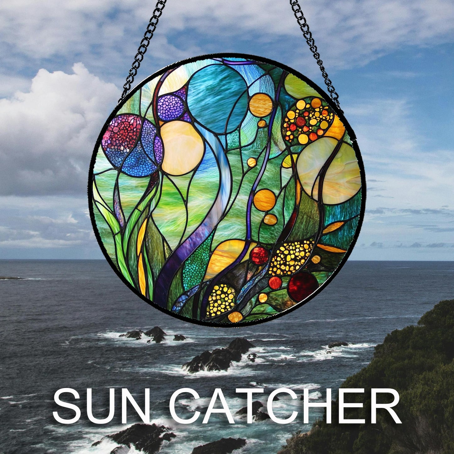 QZQCBLC Stained Glass Window Hanging Blue Ocean Water Plants Flower Large 15" - Suncatcher Door Garden Sun Catcher Home Decor Birthday Christmas for Mom Men Woman Nana Friend