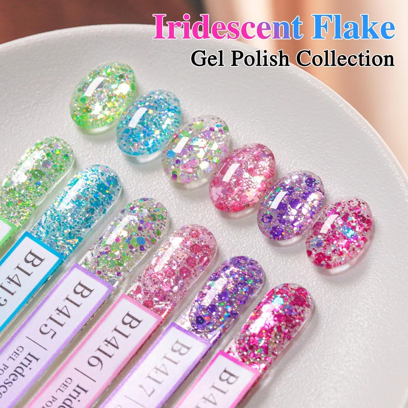 Double Rhythm Glitter Gel Polish Set of 6 Color with Display Borad 15 ml Full Size Cat Eye Magnetic Gel Nail Kit Shimmer Soak Off Manicure Salon DIY at Home (Iridescent Pink Red Rose Blue- T6-97)