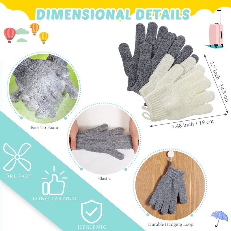 4 Pack Exfoliating Washcloth Back Scrubber Set, 2 Exfoliating Body Scrubber Nylon Back Body Scrub Towel, 2 Pairs Shower Gloves for Women Men Bath Shower Exfoliation(Gray, Beige, White)