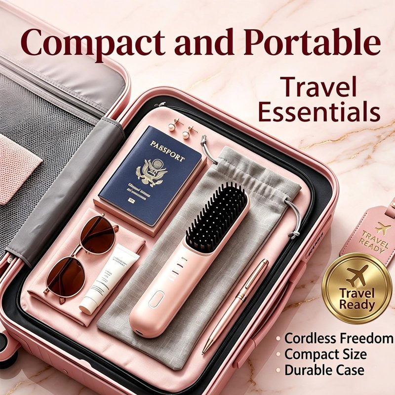 Flown Go Brush Pro for Short Hair, 2026 Upgraded Cordless Hair Straightening Brush for Thin Hair, 4 Temperature Settings, Ionic & Ceramic Care, 4000mah USB-C Rechargeable (Pink)