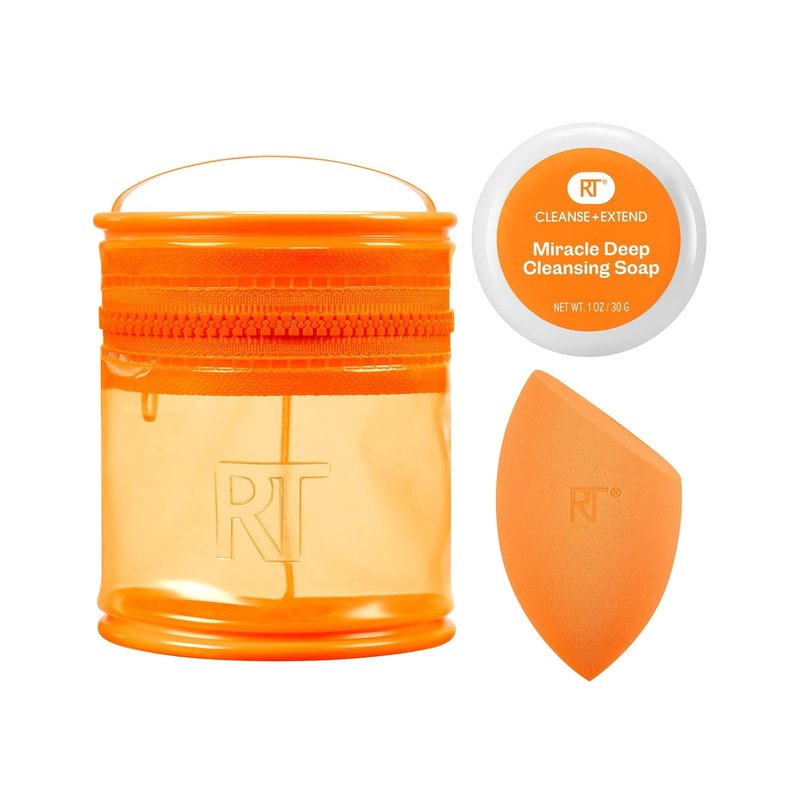 Real Techniques Miracle Blend Set - Makeup Sponge & Solid Soap for Deep Cleaning | Includes Travel Tote, Cruelty-Free