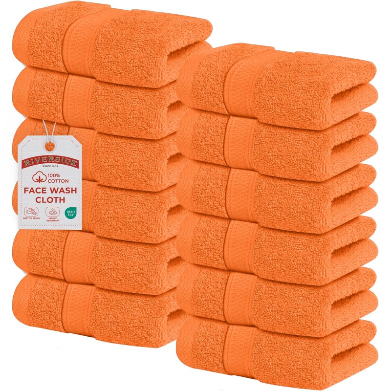 RIVERSIDE 12-Pack Premium 100% Cotton Orange Face Towels for Bathroom [12x12] - Reusable Luxury Face Wash Cloths for Showering - 550 GSM Super Soft & Absorbent Washcloths for Body, Spa & Gym