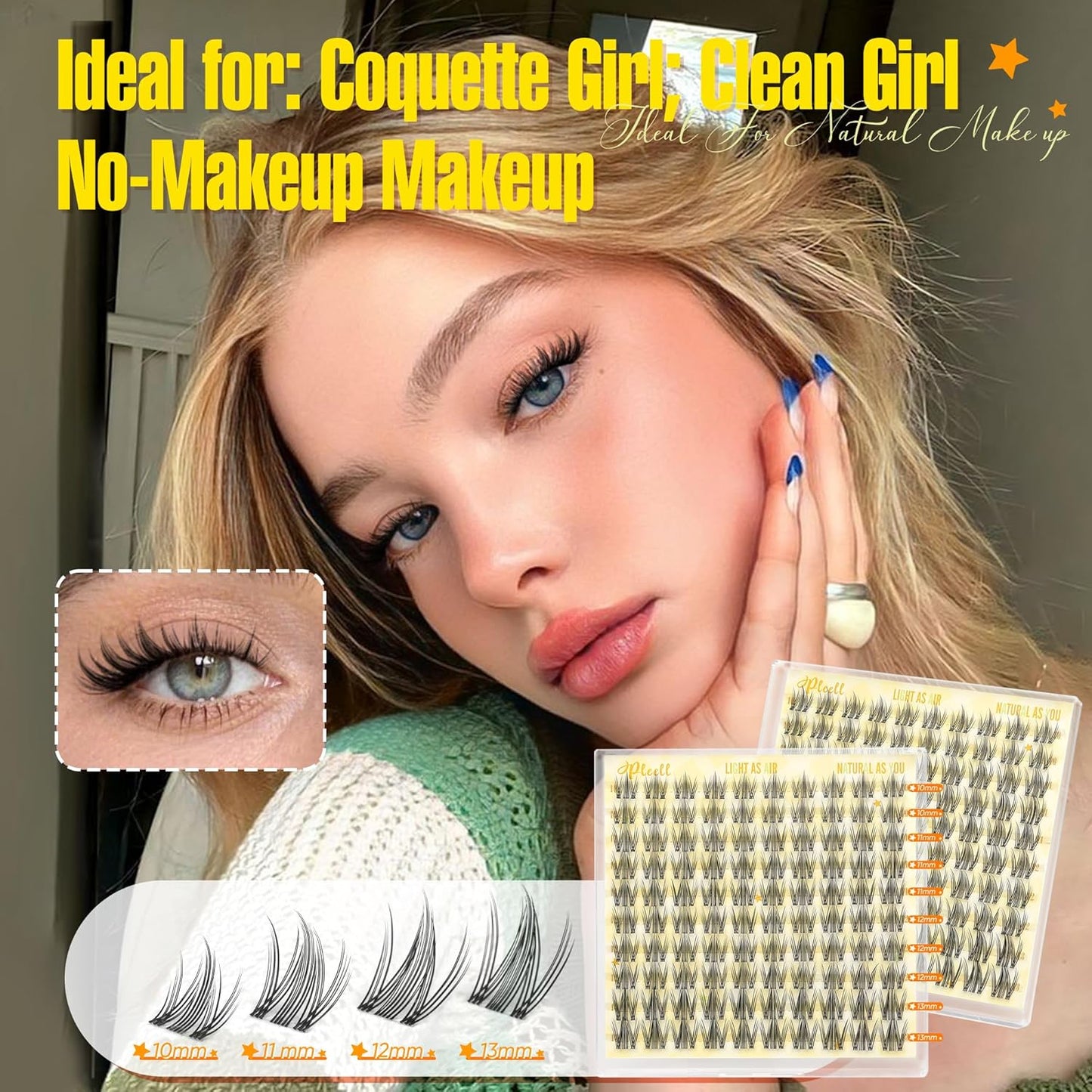 Skiennix Natural Lash Clusters - Wispy 10-13MM Anime Eyelash Extensions with Invisible Band