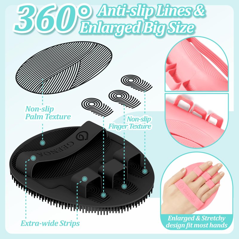 GEENOA Upgrade Silicone Body Scrubber with Straps, 360° Anti-Slip & Enlarged Exfoliating Shower Scrubber for Rich Foaming Deep Cleaning, No-Grip & Hand-fit Bath Glove for All Skin Types(Black+Pink)