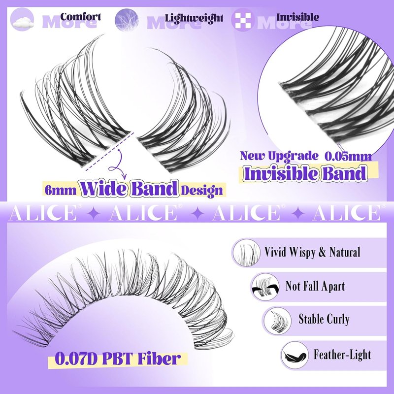 Natural D Curl Eyelash Extensions - Wispy Lash Clusters with Invisible Band | Waterproof 8-16mm DIY Individual Lashes