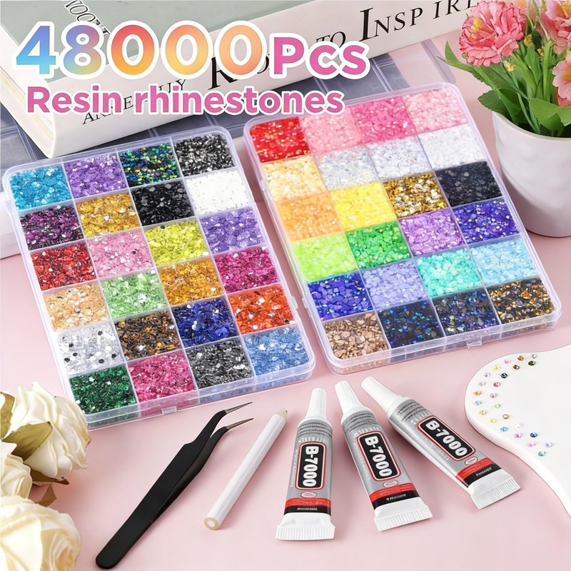 48 Colors Resin Jelly Rhinestones for Bedazzling, 3mm 48000 Pcs Flatback Gems for Crafting,Rhinestone Kit with B7000 Glue for Nail Rhinestones, Shoes, Crafts, Diamond Art & DIY Bedazzler Kit
