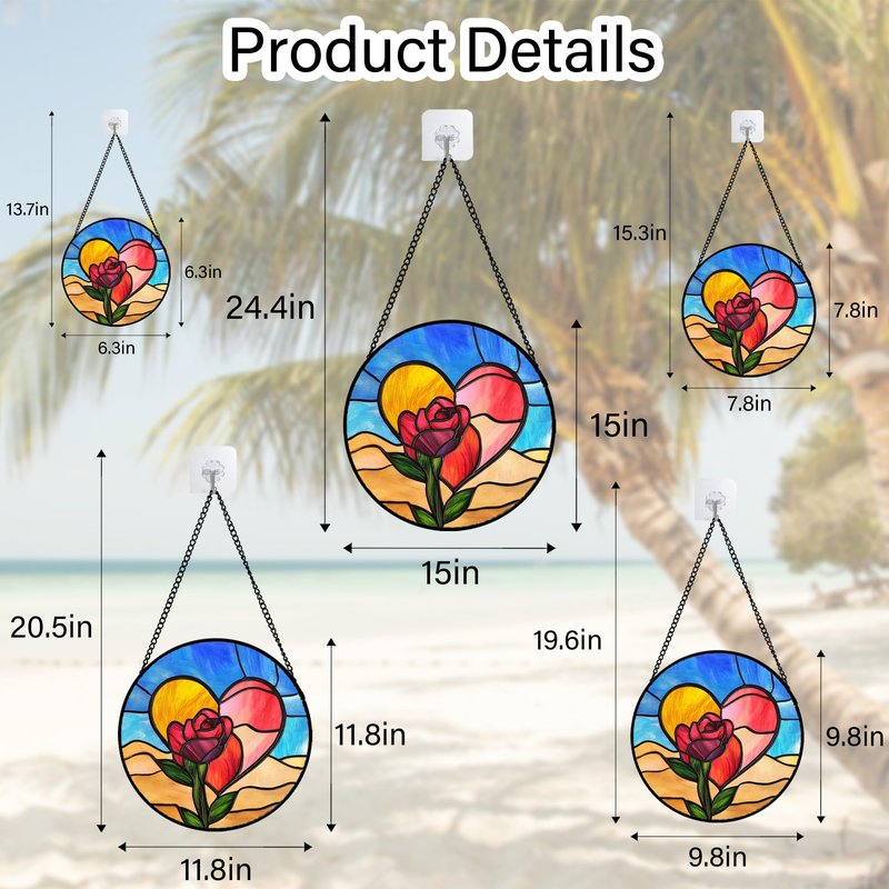 QZQCBLC Stained Glass Window Hanging Pink Heart Roses 7.8" - Suncatcher Door Garden Sun Catcher Home Decor Valentine Birthday Christmas for Mom Woman Lover Friends Wife Girl