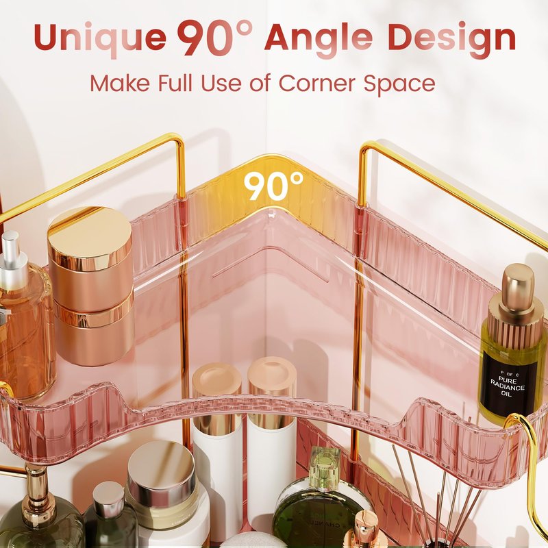 Kinkota Corner Bathroom Counter Organizer 3-Tier Bathroom Organizer Countertop with Hooks Perfume Organizers Storage Shelf for Makeup & Skincare Dresser-Pink